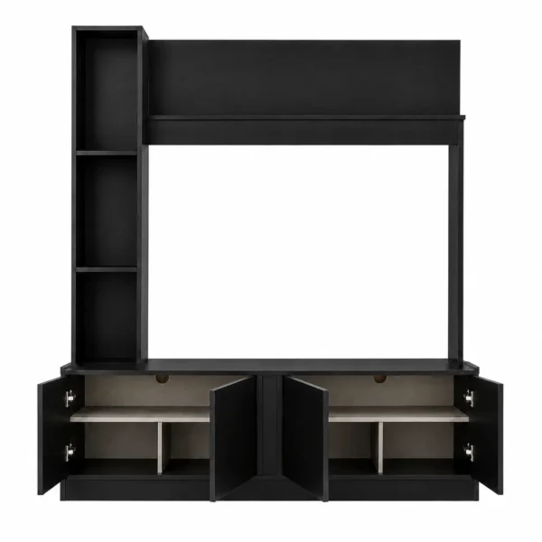 Black TV Stand with Storage Cabinets Open