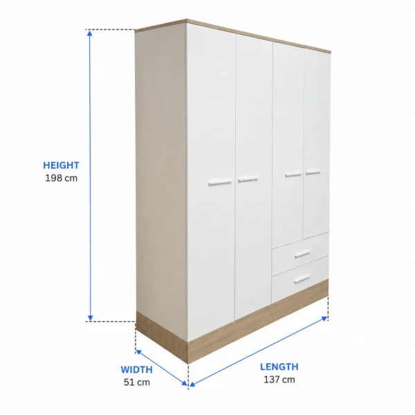 White 4-Door Wardrobe with 2 Drawers Size White 4-Door Wardrobe with 2 Drawers Size