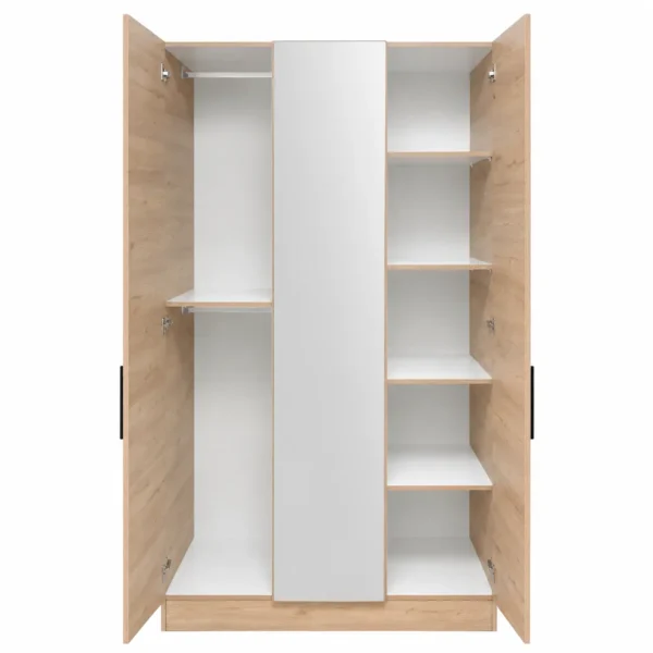 Oak-Effect 3-Door Wardrobe with Mirror doors open