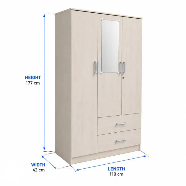 3-Door Wardrobe with Mirror and 2 Drawers Size
