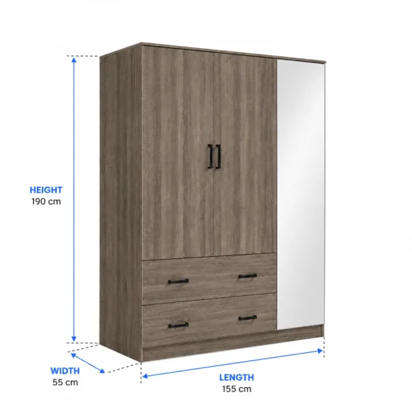 3-Door Wardrobe with Mirror and 2 Drawers Size