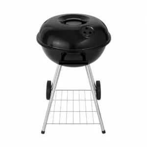 Smoker BBQ Guarapari charcoal kettle grill with domed lid, adjustable air vent, wheels, and storage shelf for outdoor barbecues.